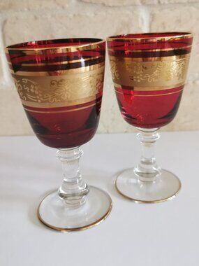 Set of 2 Ruby Red Cordial Glasses Gold Edging Vintage Czech?